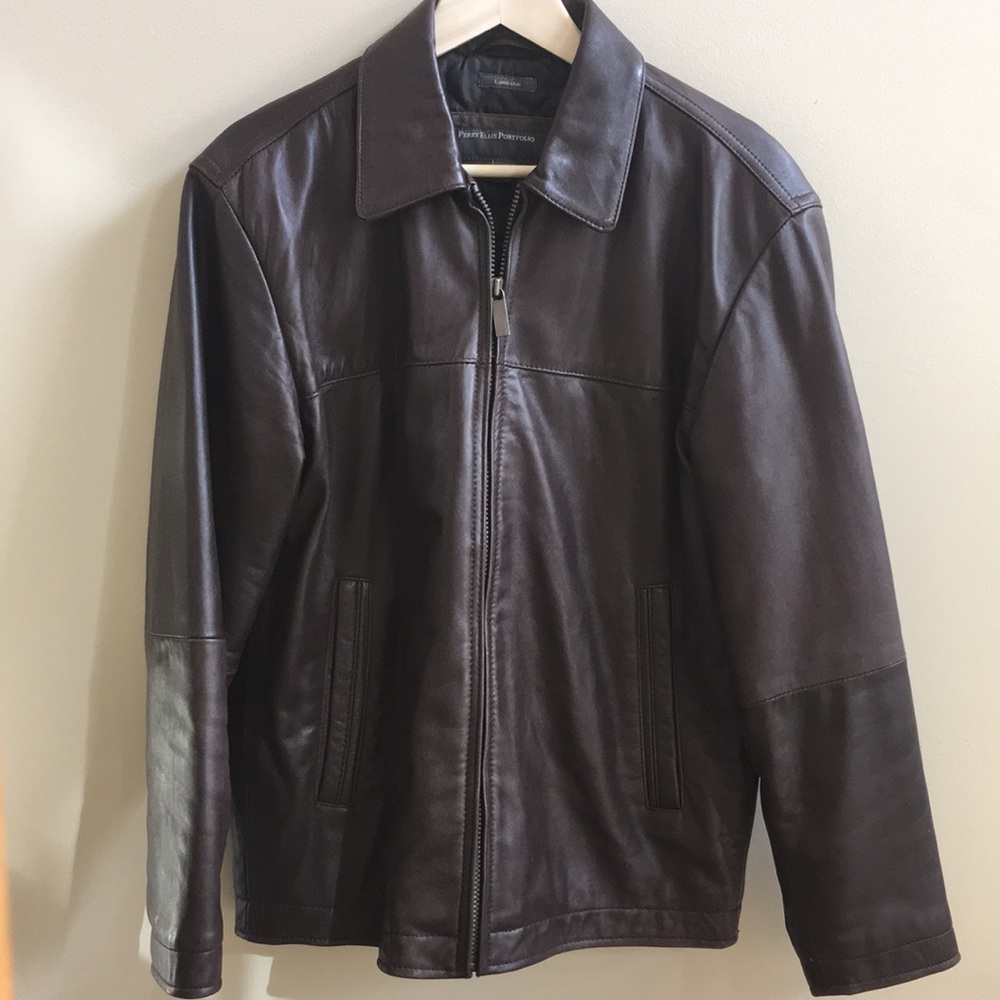 Perry Ellis Portfolio- brown leather jacket, sz S